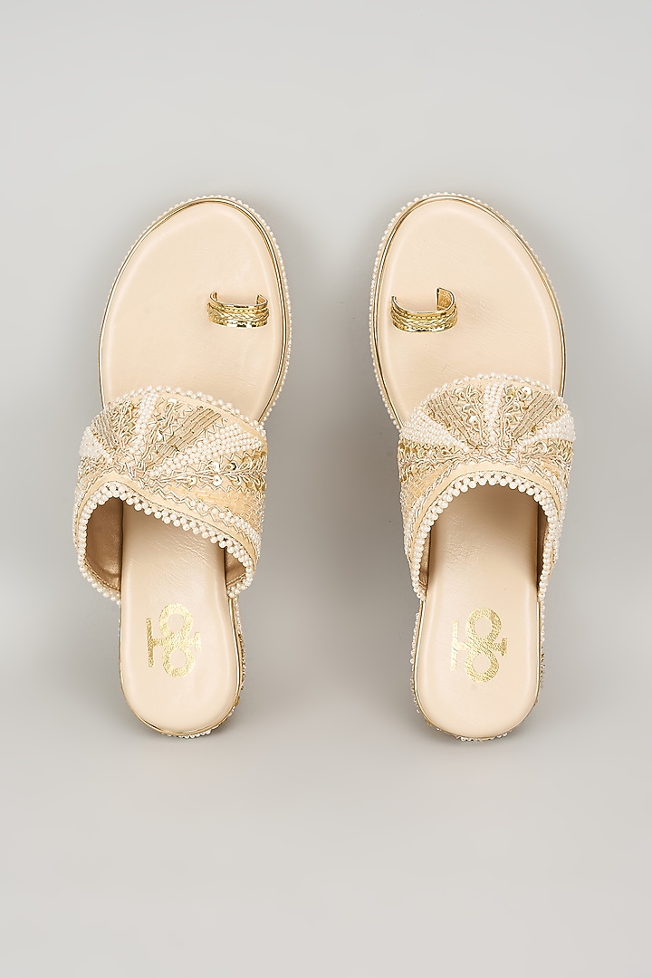 Rose Gold Silk & Wood Sequins Embroidered Kolhapuri Heels by Kkarma Accessories at Pernia's Pop Up Shop
