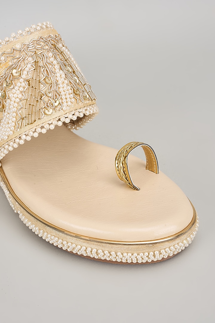 Rose Gold Silk & Wood Sequins Embroidered Kolhapuri Heels by Kkarma Accessories at Pernia's Pop Up Shop