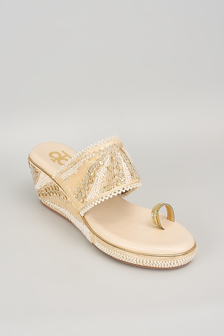 Rose Gold Silk & Wood Sequins Embroidered Kolhapuri Heels by Kkarma Accessories at Pernia's Pop Up Shop