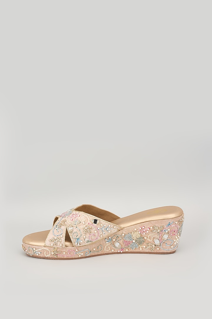 Rose Gold Silk & Wood Mirror Work Heels by Kkarma Accessories at Pernia's Pop Up Shop