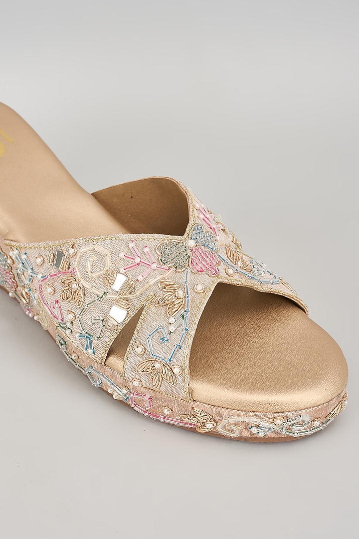 Rose Gold Silk & Wood Mirror Work Heels by Kkarma Accessories at Pernia's Pop Up Shop