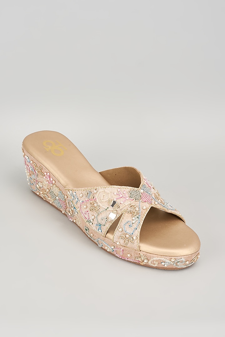 Rose Gold Silk & Wood Mirror Work Heels by Kkarma Accessories at Pernia's Pop Up Shop
