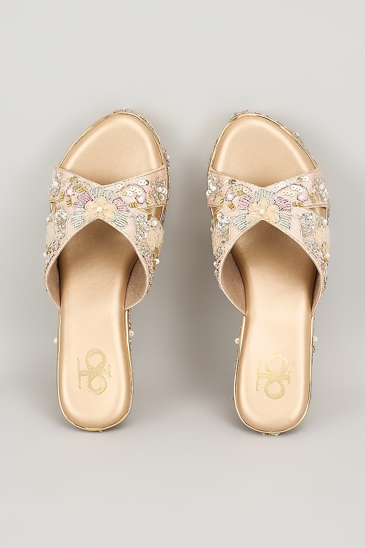 Gold Silk & Wood Sequins Embroidered Heels by Kkarma Accessories at Pernia's Pop Up Shop