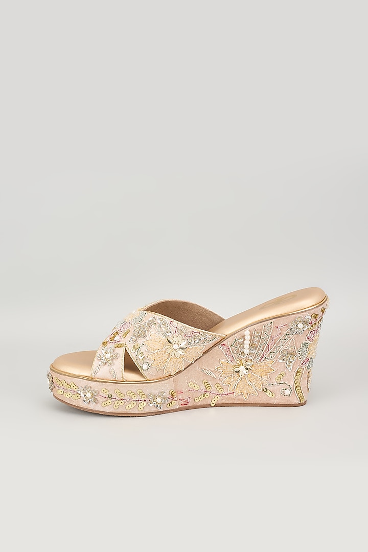 Gold Silk & Wood Sequins Embroidered Heels by Kkarma Accessories at Pernia's Pop Up Shop