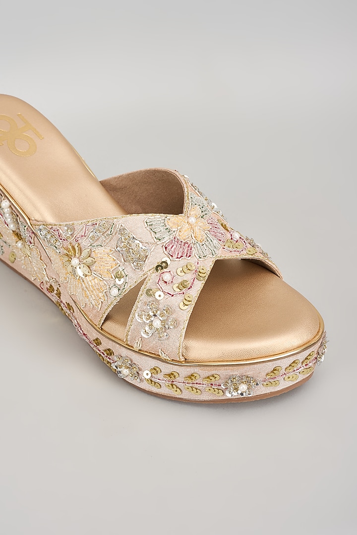 Gold Silk & Wood Sequins Embroidered Heels by Kkarma Accessories at Pernia's Pop Up Shop