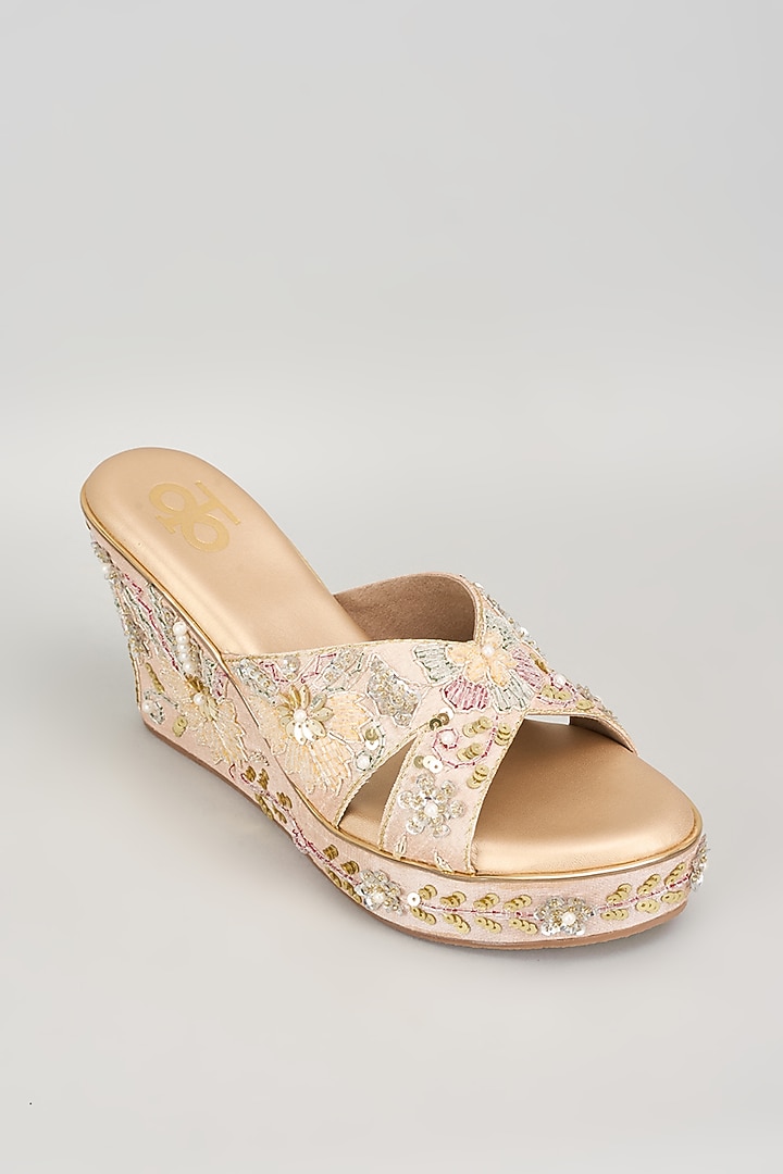 Gold Silk & Wood Sequins Embroidered Heels by Kkarma Accessories at Pernia's Pop Up Shop