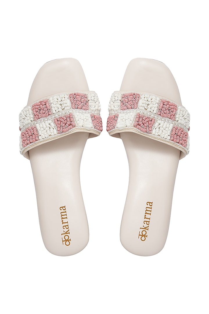 Pink & White Silk Embroidered Heels by Kkarma Accessories