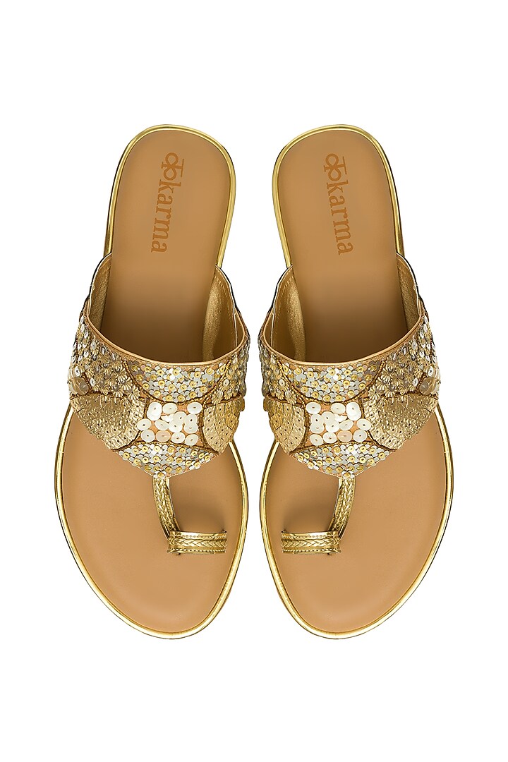 Gold Embroidered Kolhapuri Flats by Kkarma Accessories