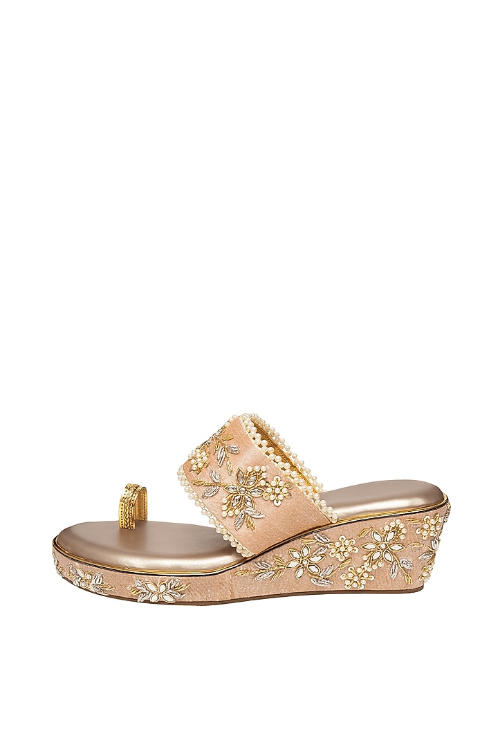 Rose Gold Hand Embroidered Wedges by Kkarma Accessories at Pernia's Pop Up Shop