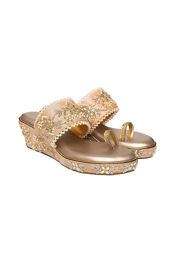 Rose Gold Hand Embroidered Wedges by Kkarma Accessories at Pernia's Pop Up Shop