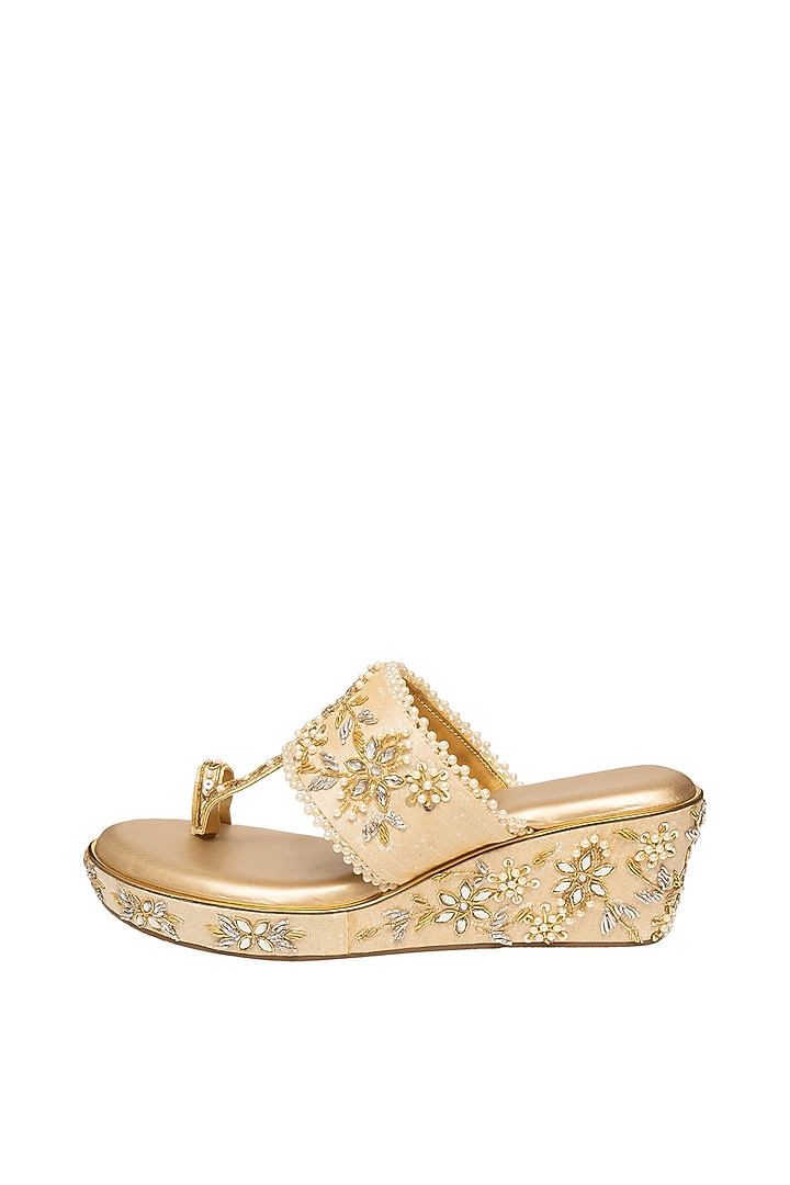 Gold Hand Embroidered Wedges by Kkarma Accessories at Pernia's Pop Up Shop