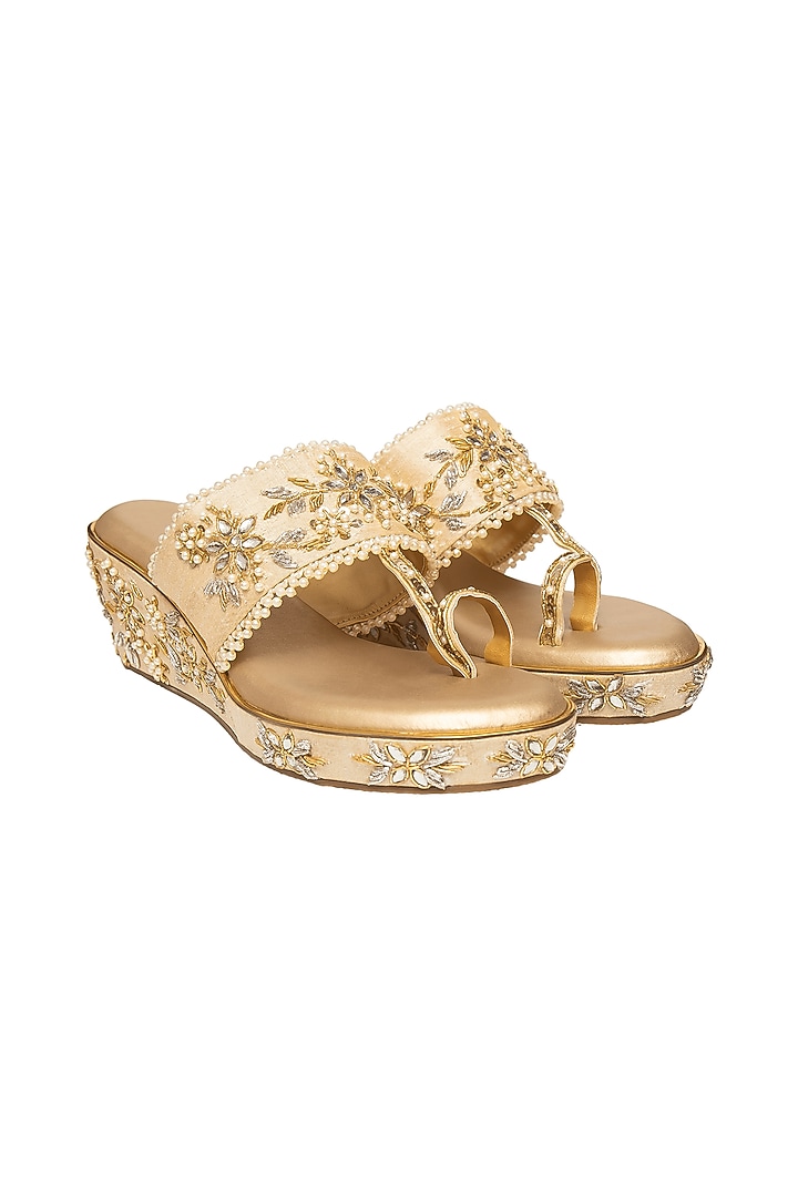 Gold Hand Embroidered Wedges by Kkarma Accessories at Pernia's Pop Up Shop
