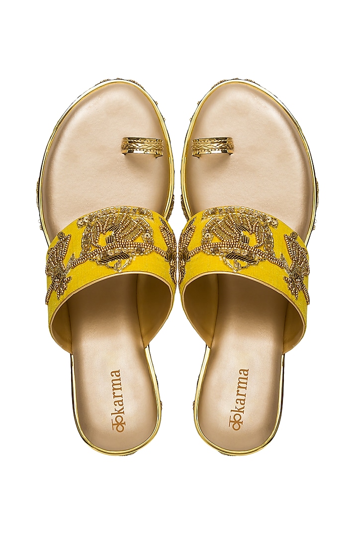 Gold & Yellow Hand Embroidered Wedges by Kkarma Accessories