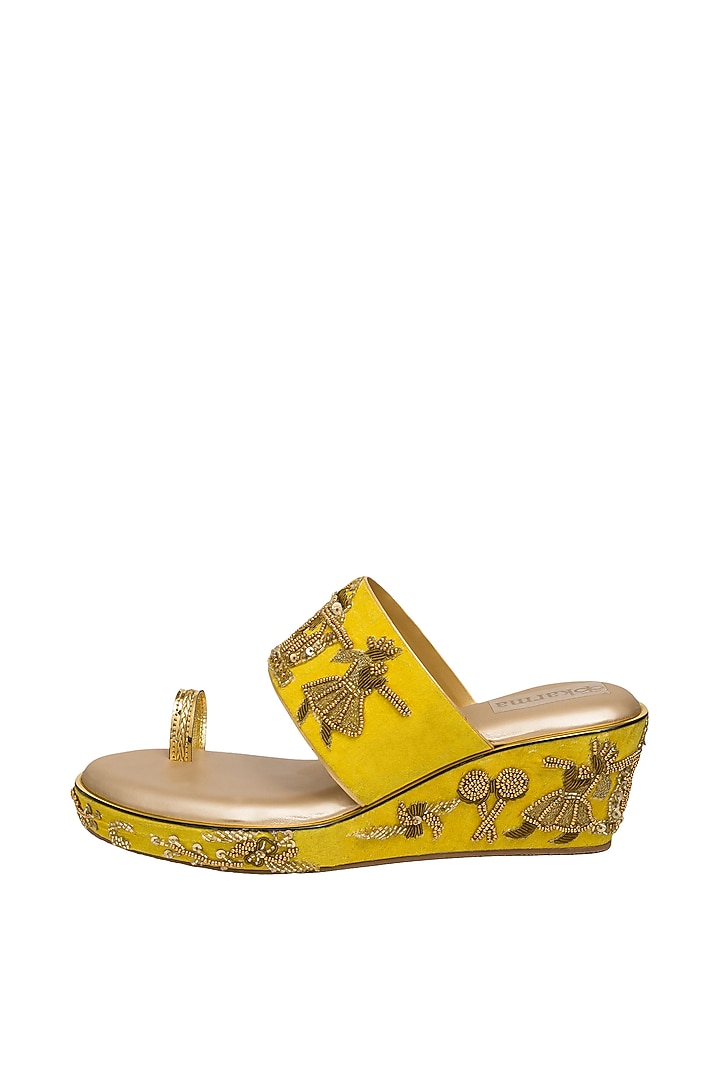 Gold & Yellow Hand Embroidered Wedges by Kkarma Accessories at Pernia's Pop Up Shop