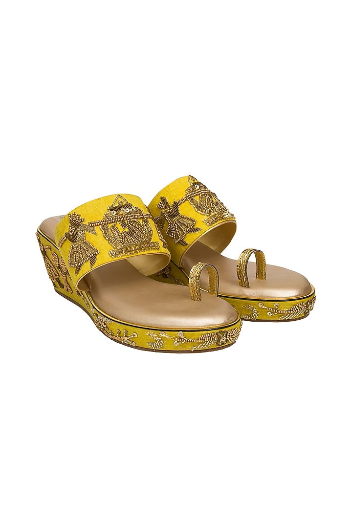 Gold & Yellow Hand Embroidered Wedges by Kkarma Accessories at Pernia's Pop Up Shop