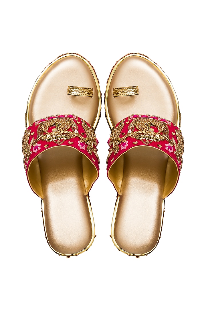 Gold & Pink Hand Embroidered Wedges by Kkarma Accessories