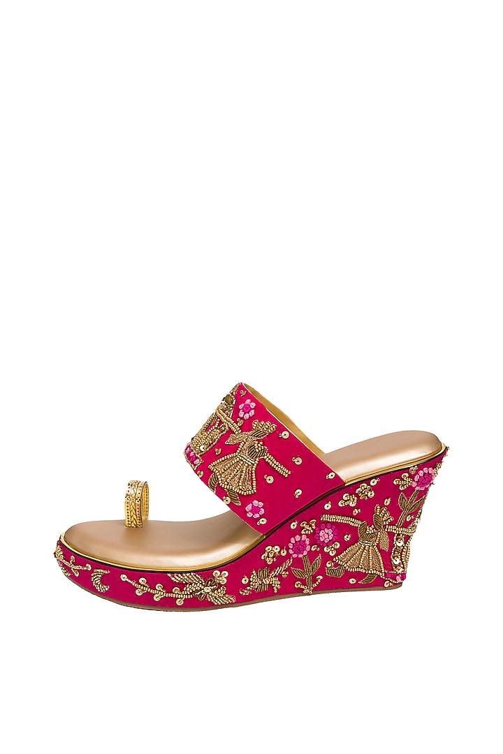 Gold & Pink Hand Embroidered Wedges by Kkarma Accessories at Pernia's Pop Up Shop
