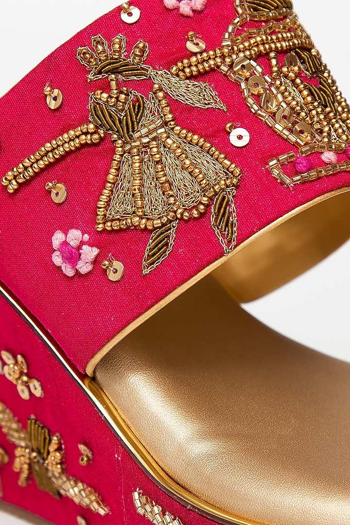 Gold & Pink Hand Embroidered Wedges by Kkarma Accessories at Pernia's Pop Up Shop