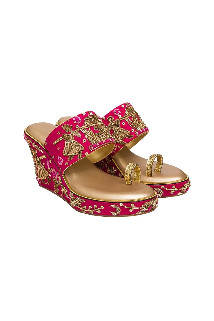 Gold & Pink Hand Embroidered Wedges by Kkarma Accessories at Pernia's Pop Up Shop