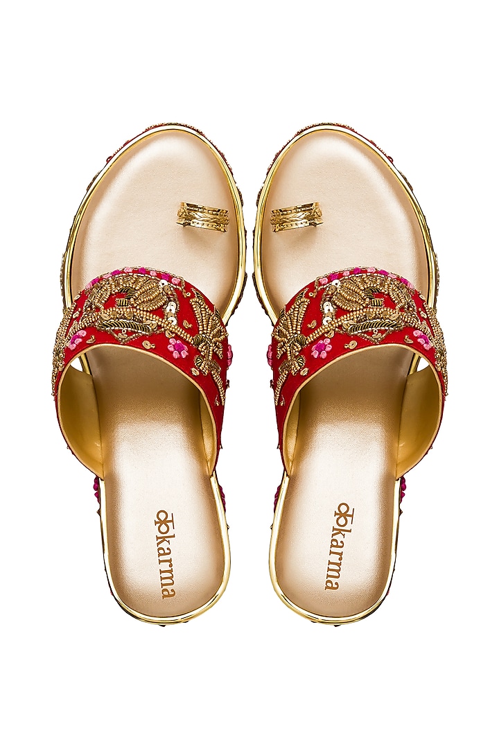 Gold & Red Hand Embroidered Wedges by Kkarma Accessories