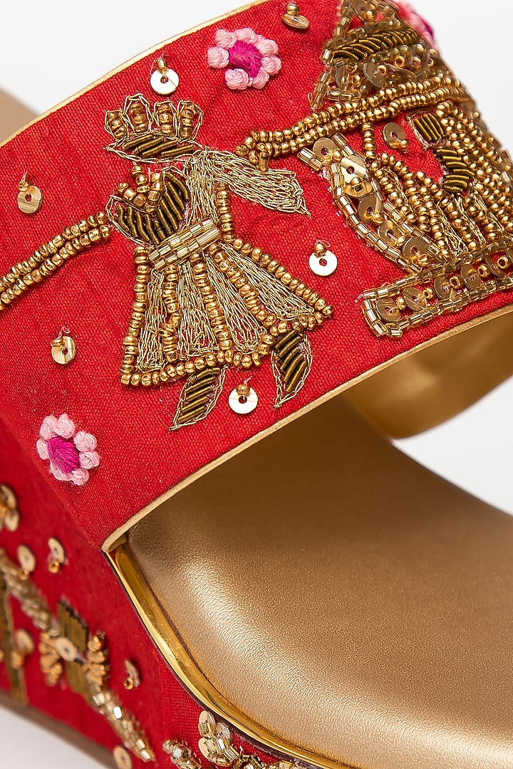 Gold & Red Hand Embroidered Wedges by Kkarma Accessories at Pernia's Pop Up Shop