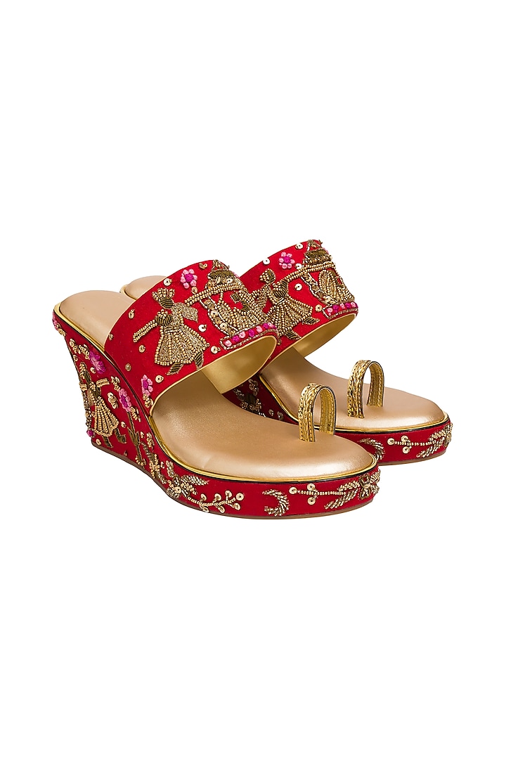 Gold Red Hand Embroidered Wedges by Kkarma Accessories at