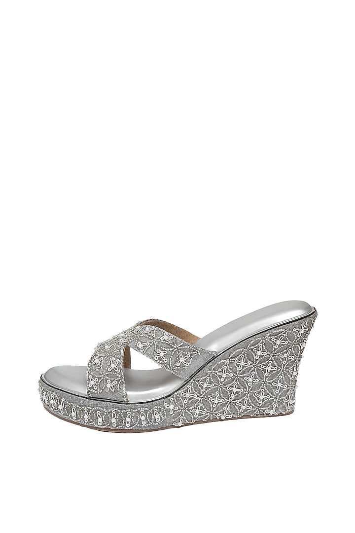 Silver Embroidered Wedges by Kkarma Accessories at Pernia's Pop Up Shop