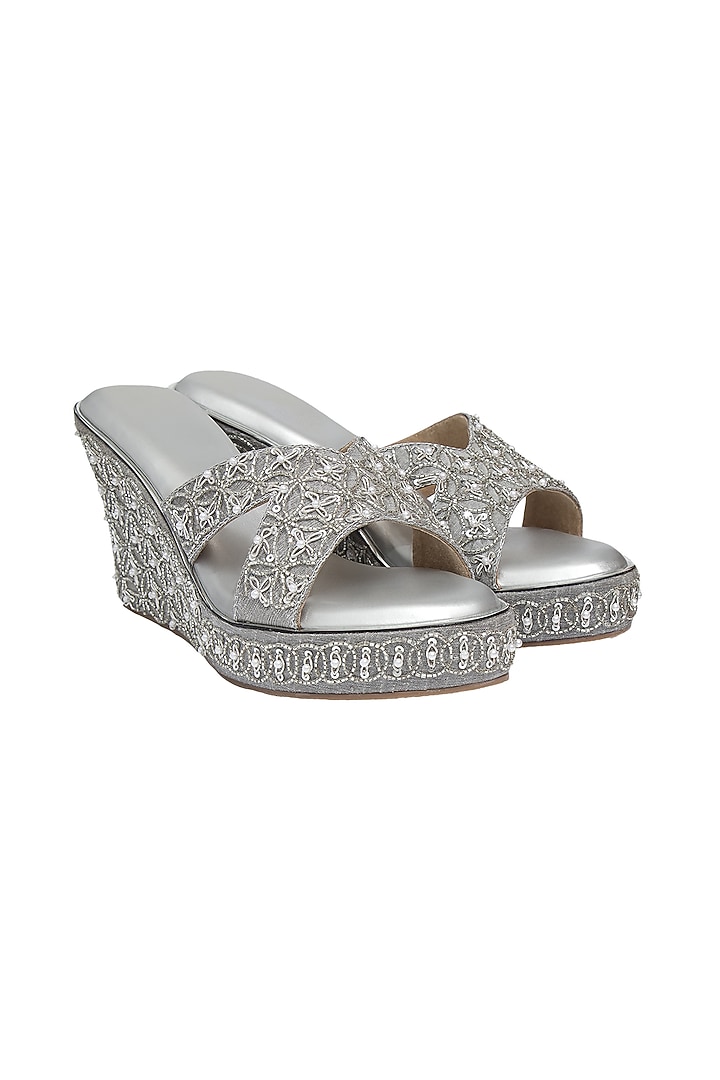 Silver Embroidered Wedges by Kkarma Accessories at Pernia's Pop Up Shop