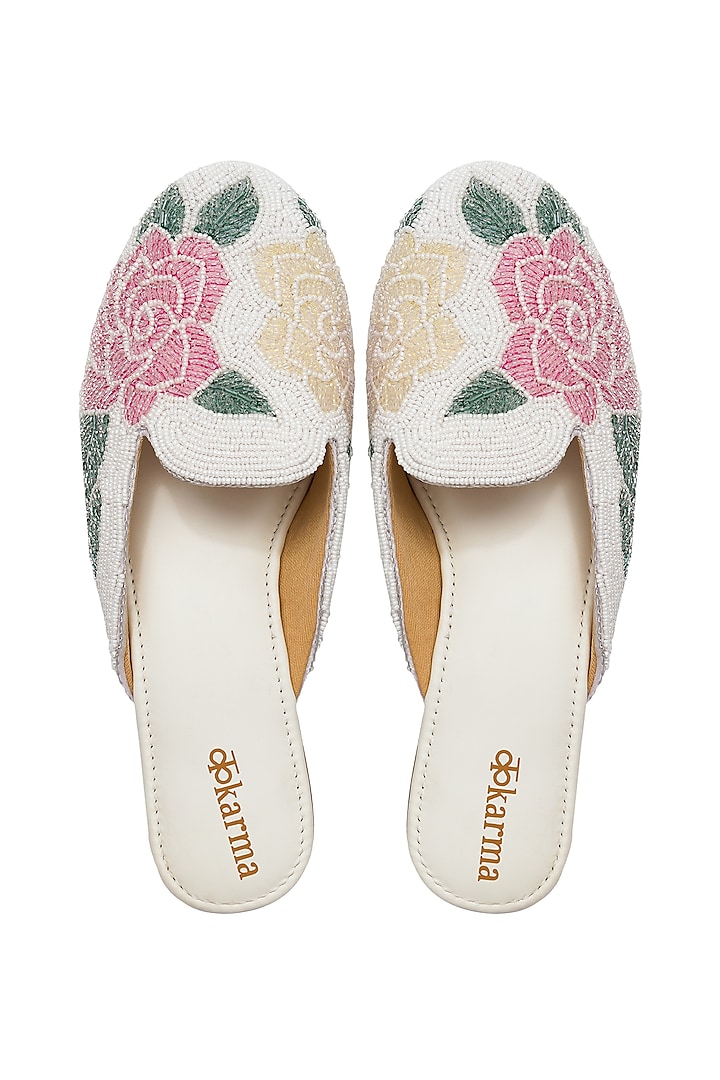 White Floral Embroidered Mules by Kkarma Accessories