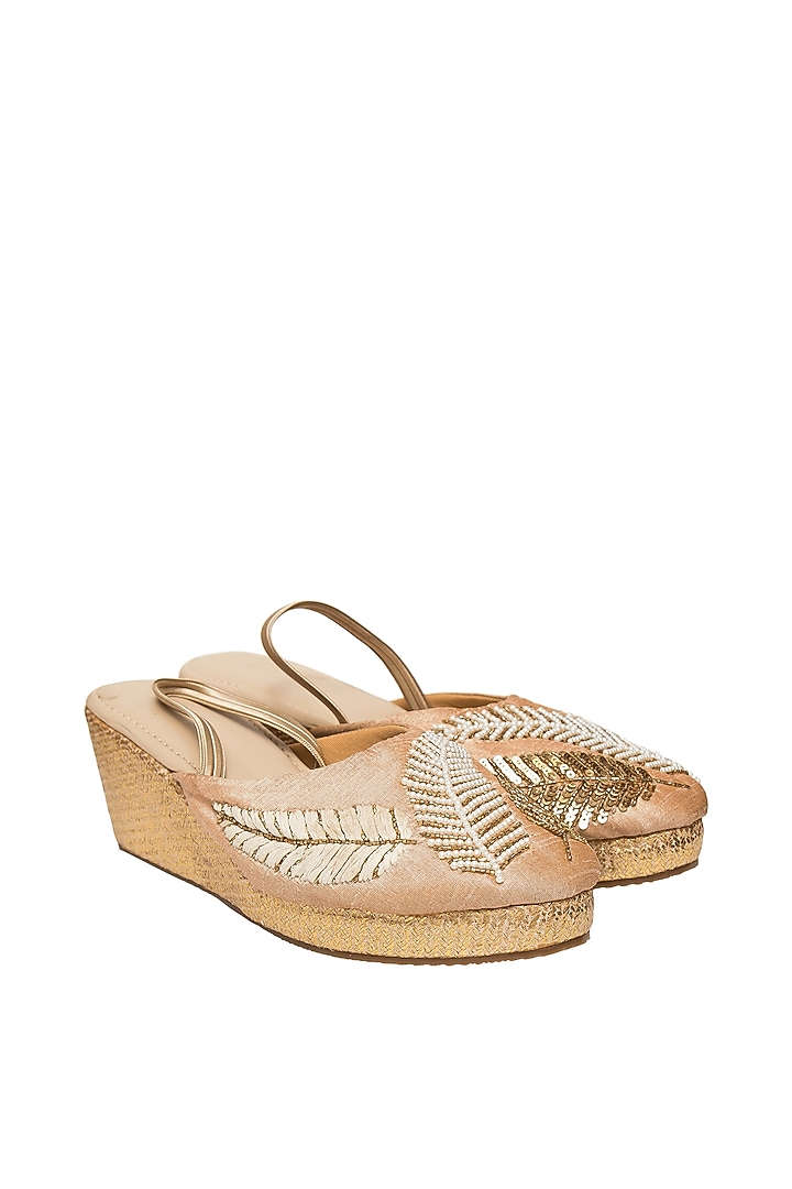 Rose Gold Silk & PVC Hand Embroidered Mules by Kkarma Accessories at Pernia's Pop Up Shop