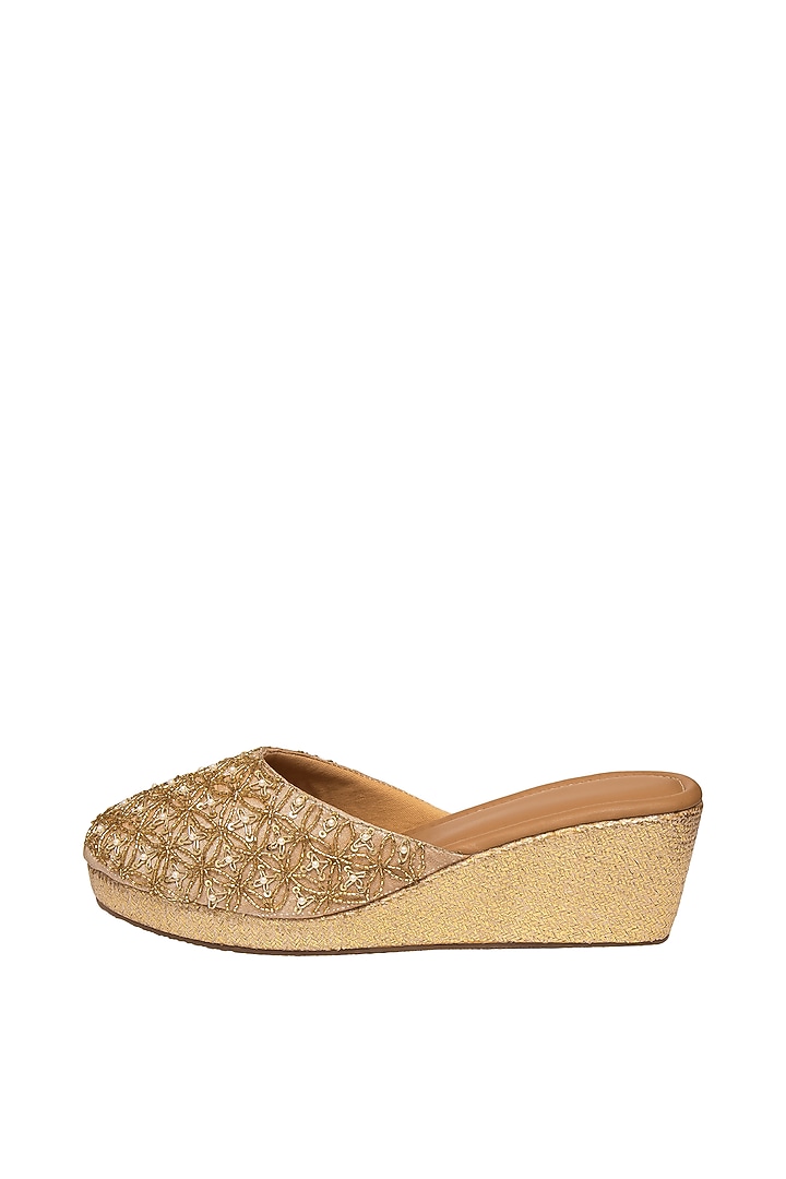 Rose Gold Silk & PVC Hand Embroidered Mules by Kkarma Accessories at Pernia's Pop Up Shop