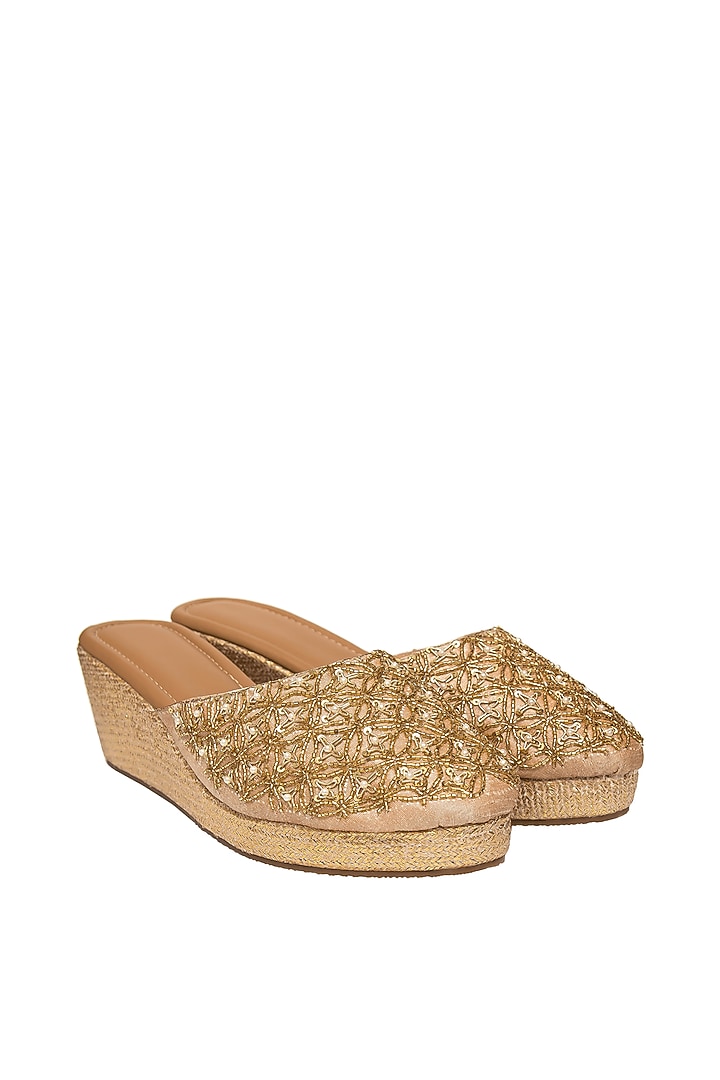 Rose Gold Silk & PVC Hand Embroidered Mules by Kkarma Accessories at Pernia's Pop Up Shop