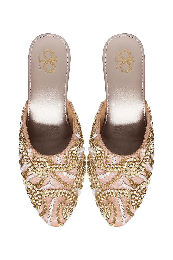 Rose Gold Silk & PVC Embroidered Mules by Kkarma Accessories at Pernia's Pop Up Shop