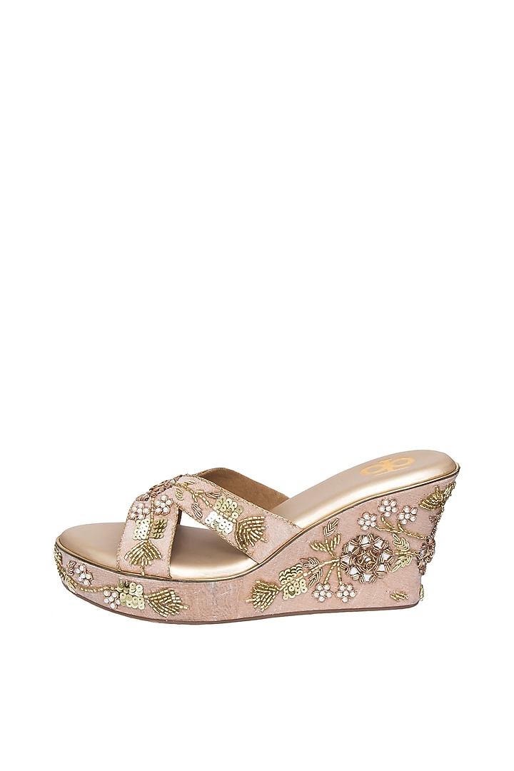 Rose Gold Silk & PVC Embroidered Mules by Kkarma Accessories at Pernia's Pop Up Shop