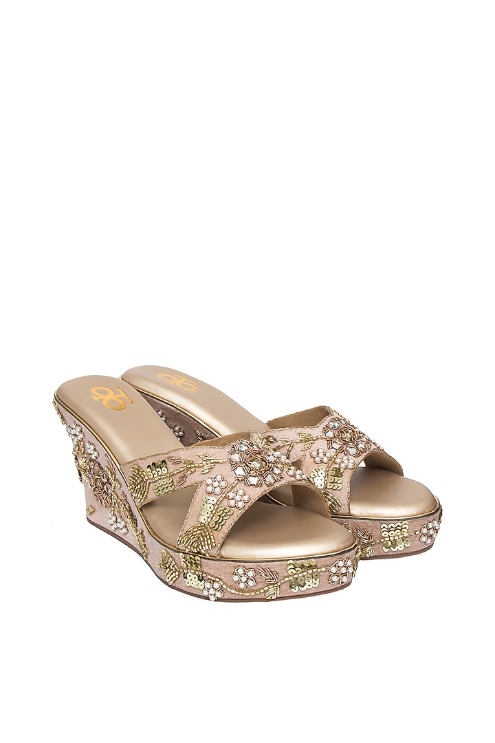 Rose Gold Silk & PVC Embroidered Mules by Kkarma Accessories at Pernia's Pop Up Shop
