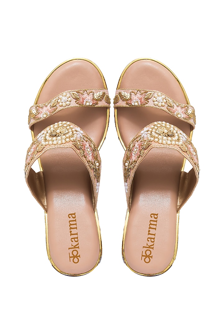 Rose Gold Silk & PVC Embroidered Wedges by Kkarma Accessories at Pernia's Pop Up Shop