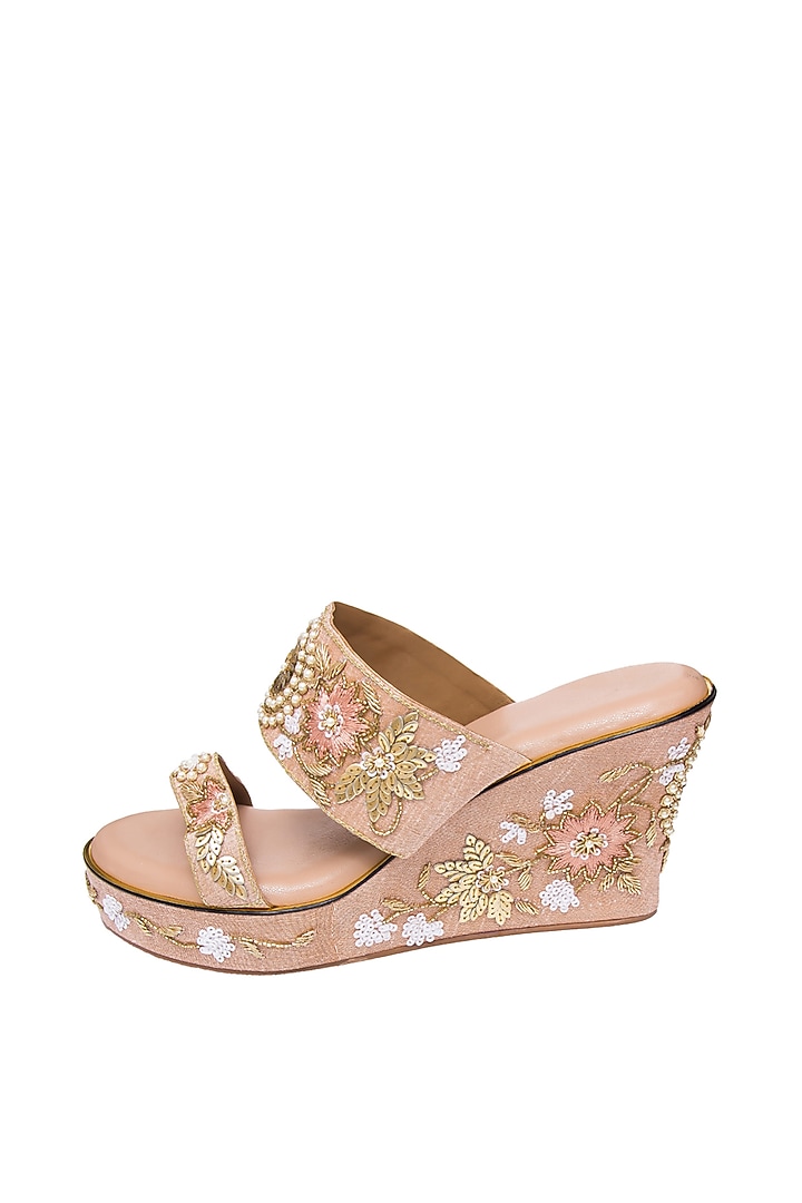 Rose Gold Silk & PVC Embroidered Wedges by Kkarma Accessories at Pernia's Pop Up Shop