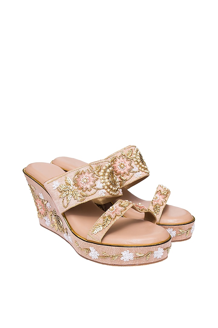 Rose Gold Silk & PVC Embroidered Wedges by Kkarma Accessories at Pernia's Pop Up Shop
