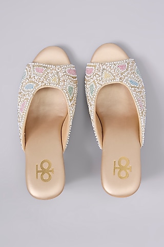 Multi-Colored Silk & Wood Pearl Embellished Peep-Toe Wedges by Kkarma Accessories