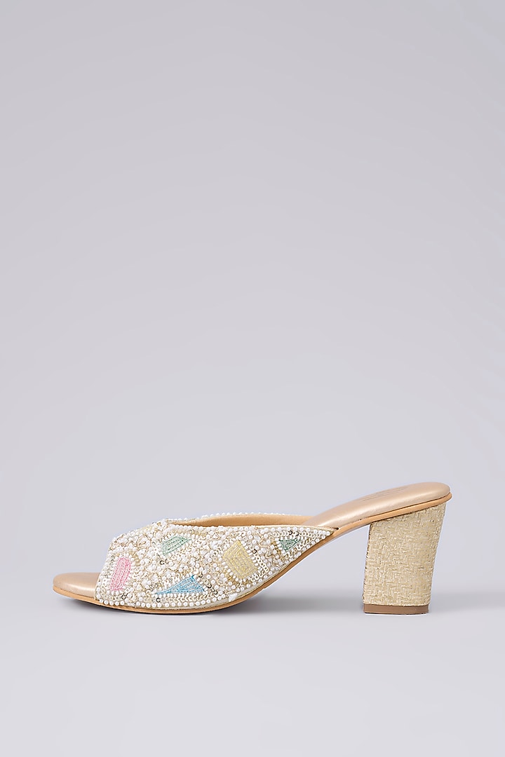Multi-Colored Silk & Wood Pearl Embellished Peep-Toe Wedges by Kkarma Accessories at Pernia's Pop Up Shop