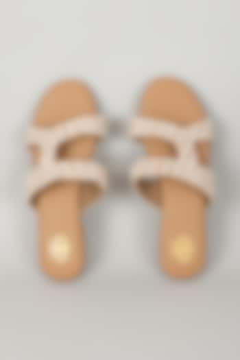 Gold Silk & Wood Embellished Strap Slip-On Sandals by Kkarma Accessories at Pernia's Pop Up Shop