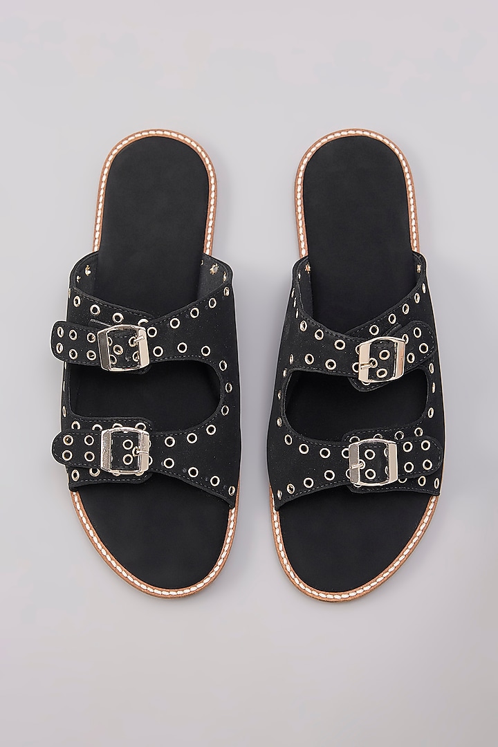 Black Silk & PVC Double-Buckle Flats by Kkarma Accessories at Pernia's Pop Up Shop