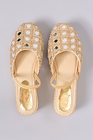 Gold Silk & Wood Zardosi Work Mules by Kkarma Accessories