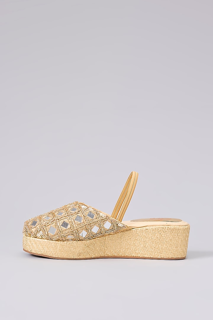 Gold Silk & Wood Zardosi Work Mules by Kkarma Accessories at Pernia's Pop Up Shop