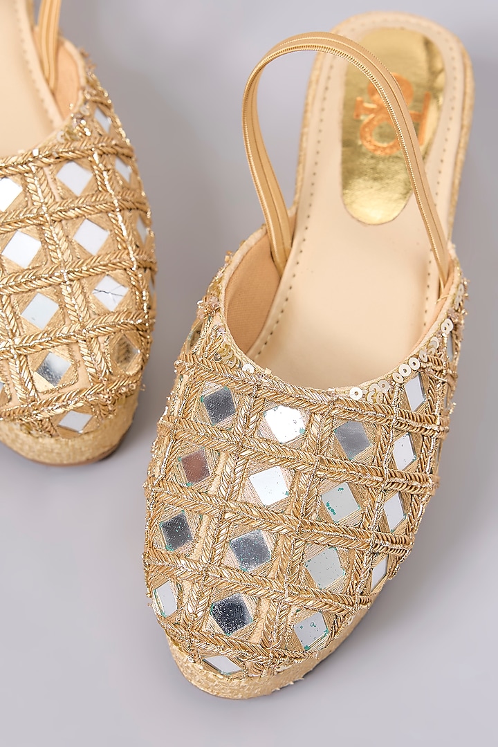 Gold Silk & Wood Zardosi Work Mules by Kkarma Accessories at Pernia's Pop Up Shop