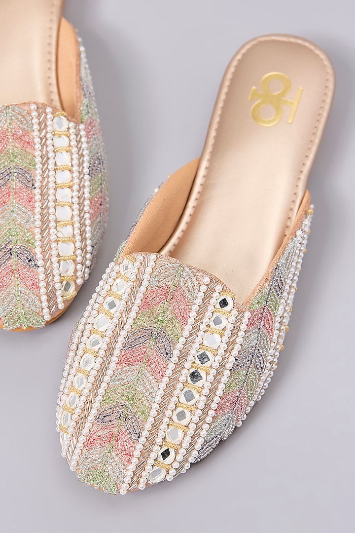 Multi-Colored Silk & Wood Bead Embroidered Mules by Kkarma Accessories at Pernia's Pop Up Shop