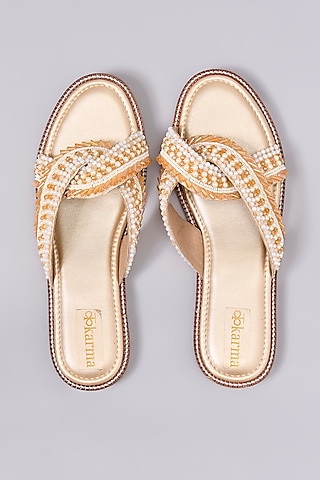 Gold Silk & Wood Crystal Embellished Slip-On Sandals by Kkarma Accessories