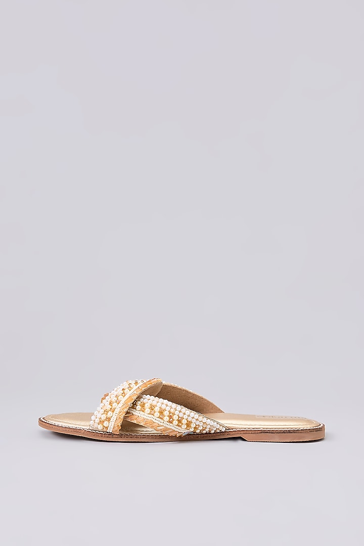 Gold Silk & Wood Crystal Embellished Slip-On Sandals by Kkarma Accessories at Pernia's Pop Up Shop