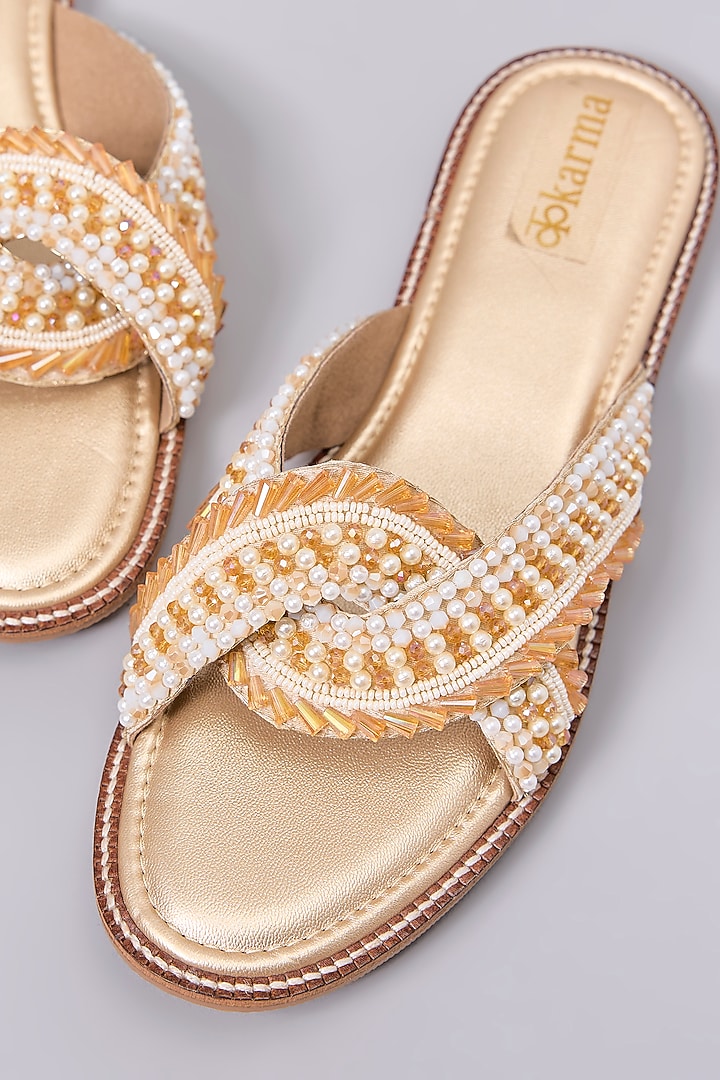 Gold Silk & Wood Crystal Embellished Slip-On Sandals by Kkarma Accessories at Pernia's Pop Up Shop