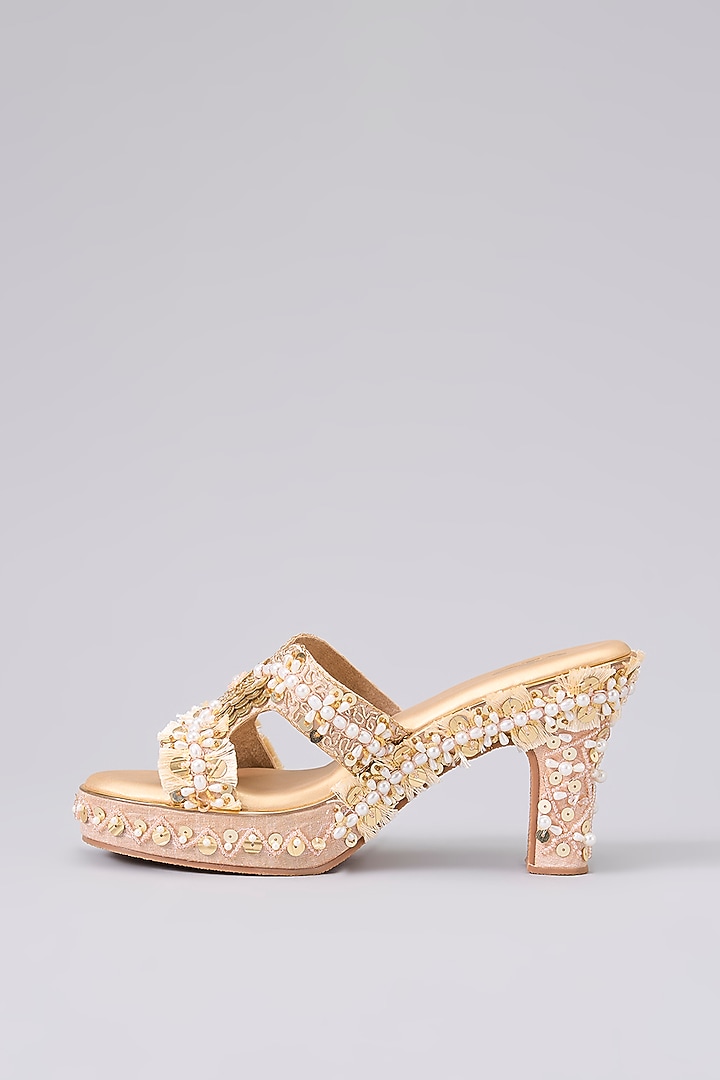 Rose Gold Silk & Wood Sequins Embellished Wedges by Kkarma Accessories at Pernia's Pop Up Shop
